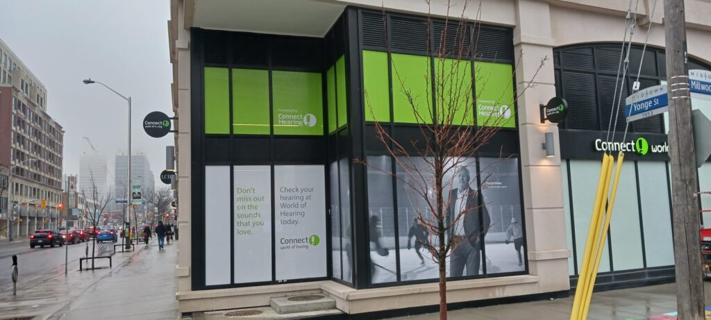 Building window decals for Connect Hearing in Canada